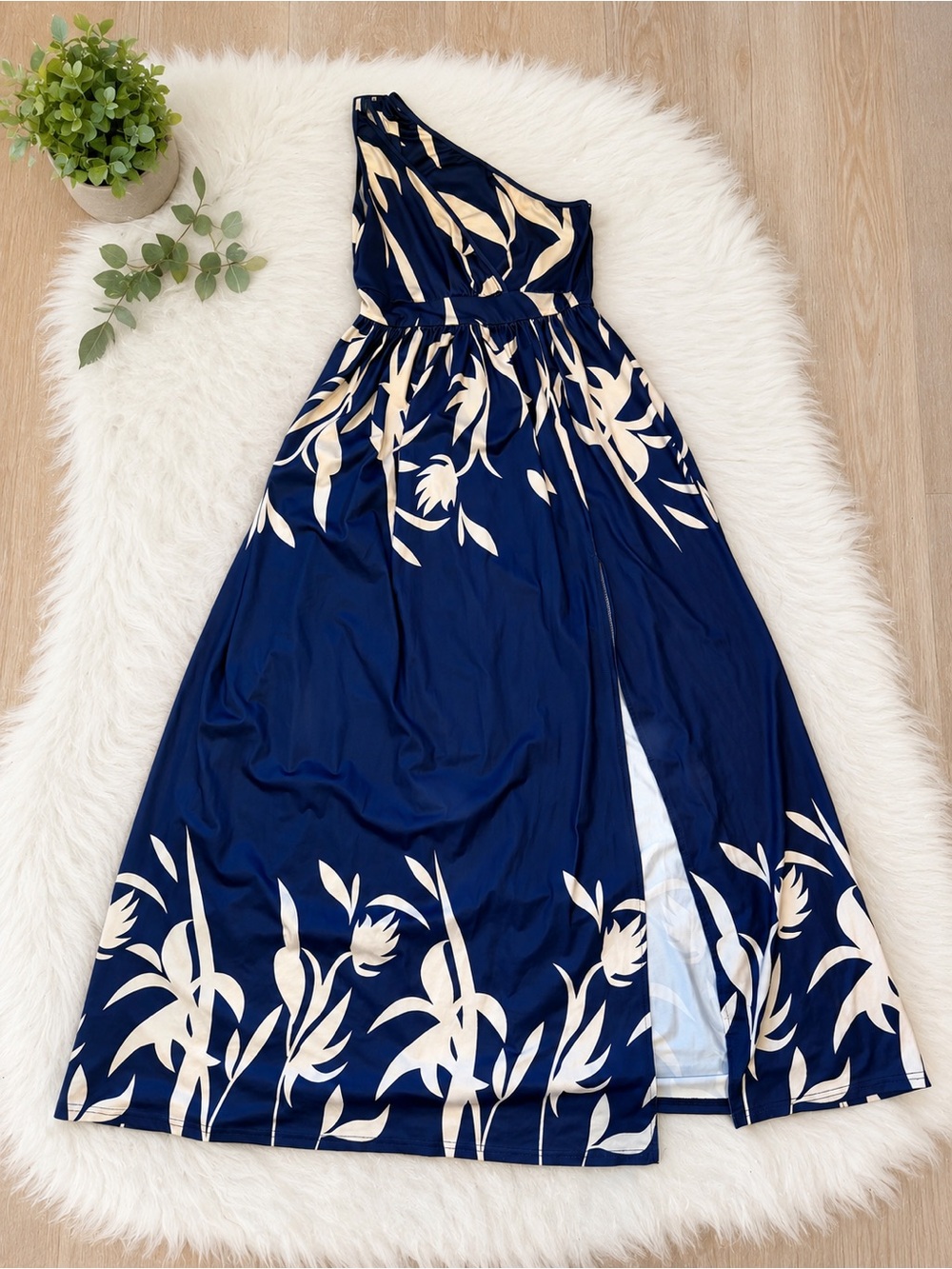 One-Shoulder Navy Floral Maxi Dress with Cream Print